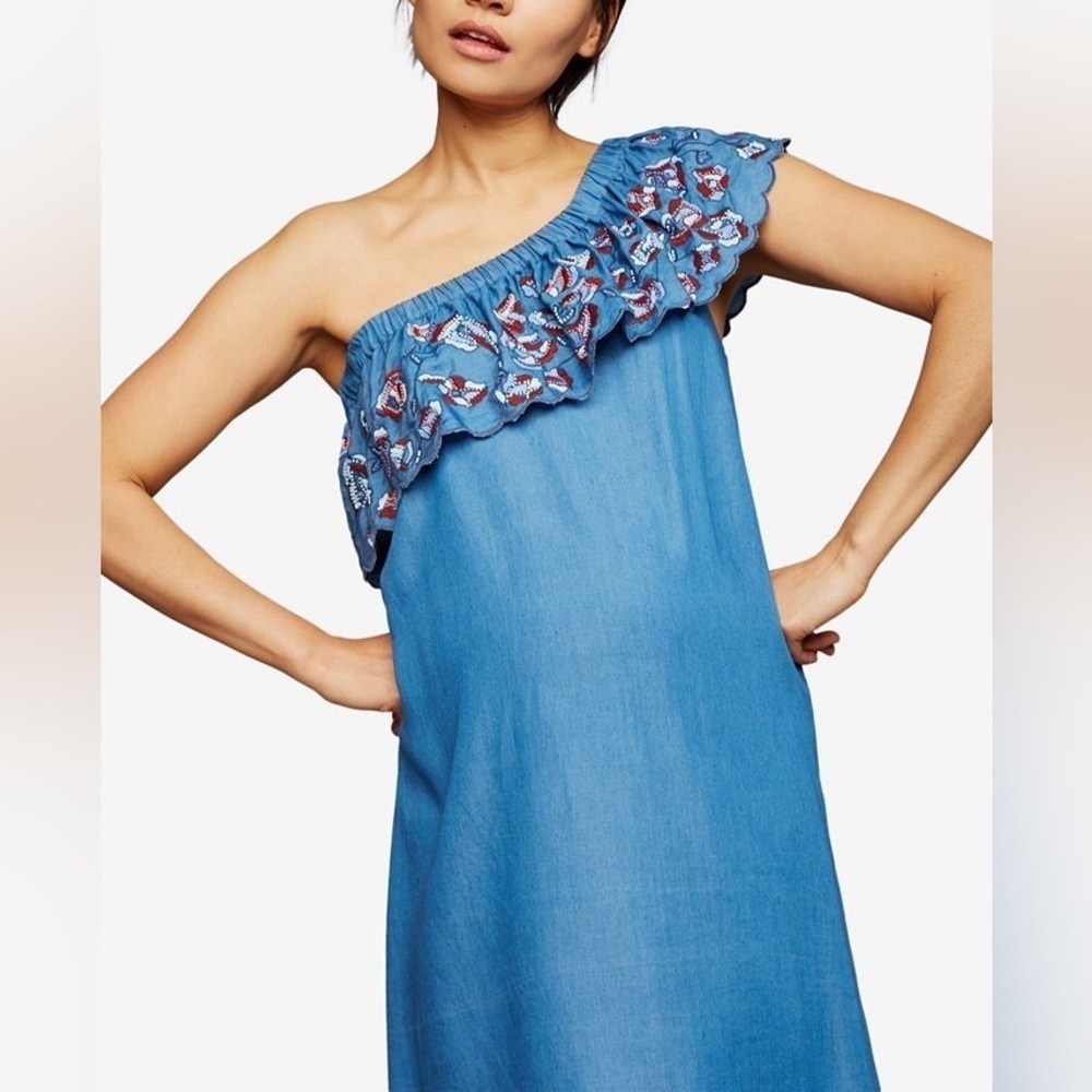 LED One Shoulder Embroidered Beaded Chambray Dress Feminine Resortwear Playful